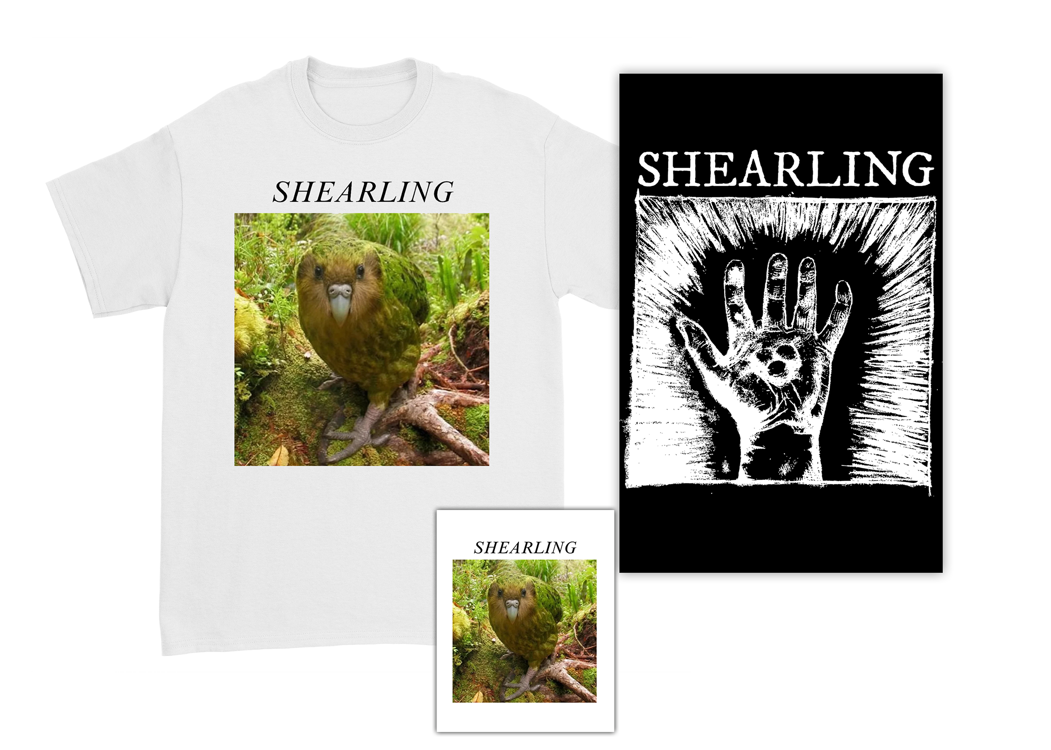 Shearling - Bundle - "Kakapo" Tee + Sticker + “Three Pebbles” Poster