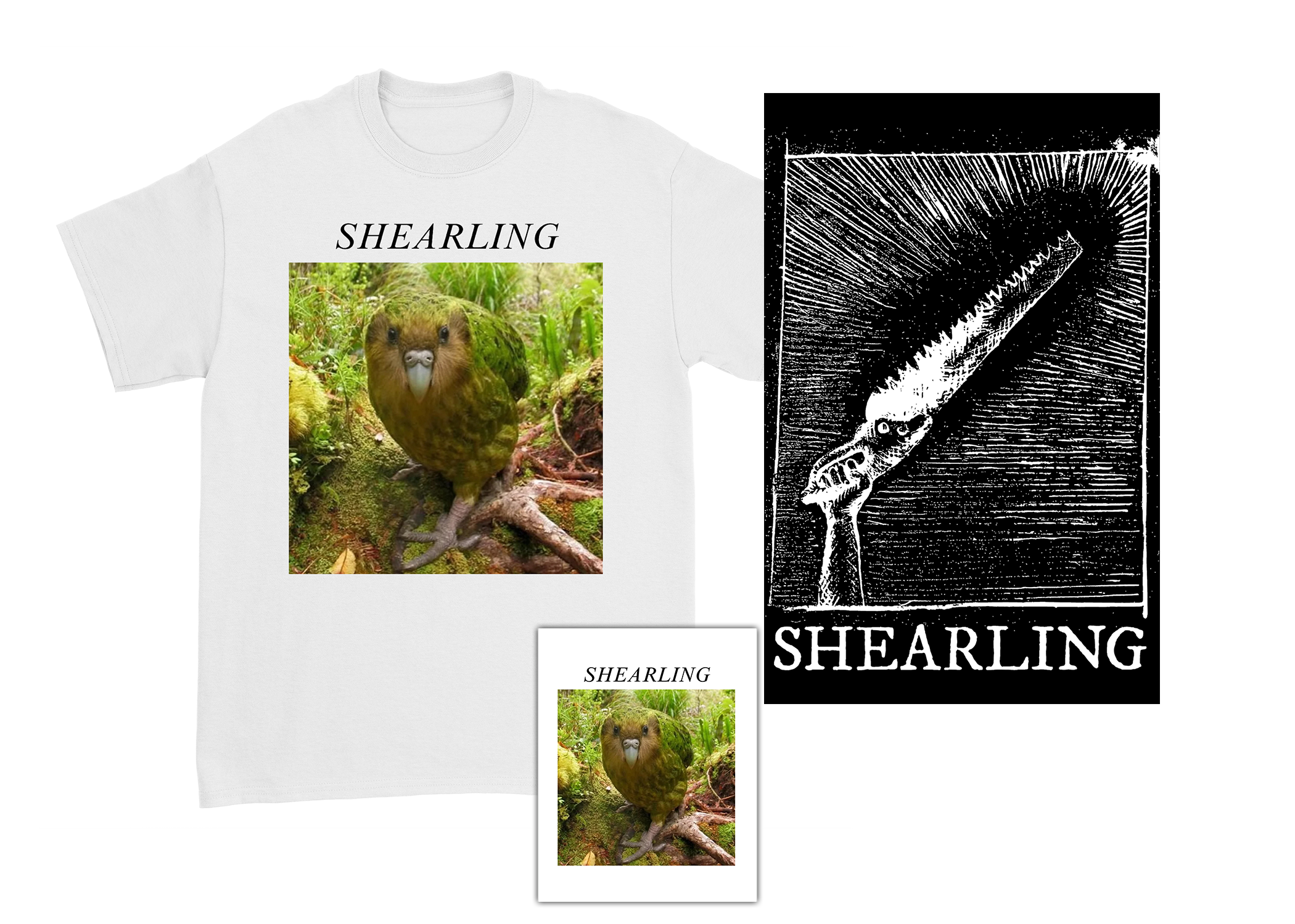 Shearling - Bundle - "Kakapo" Tee + Sticker + “Terrible Holy Saw” Poster