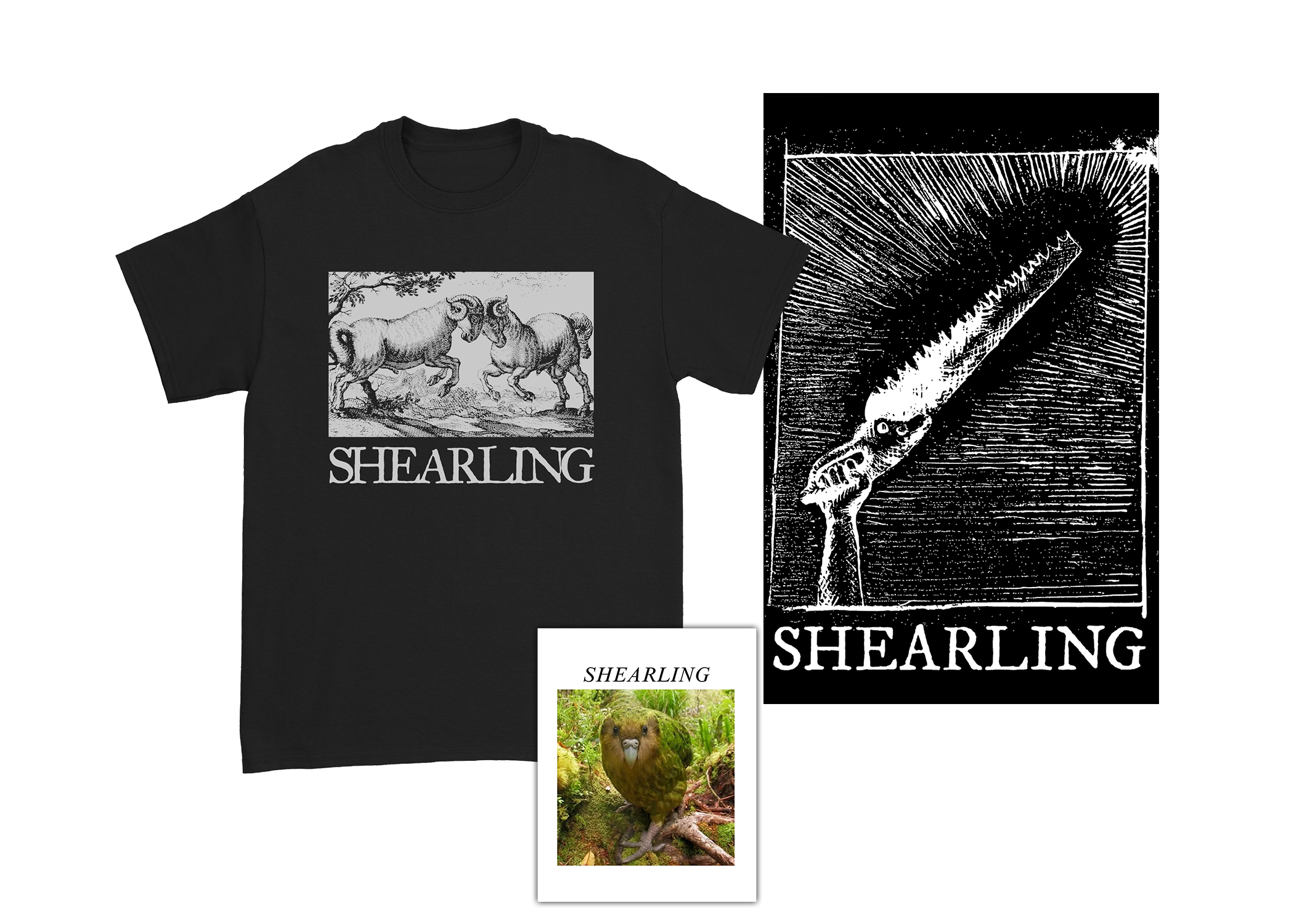 Shearling - Bundle - "Rams" Tee + "Terrible Holy Saw" Poster + "Kakapo" Sticker