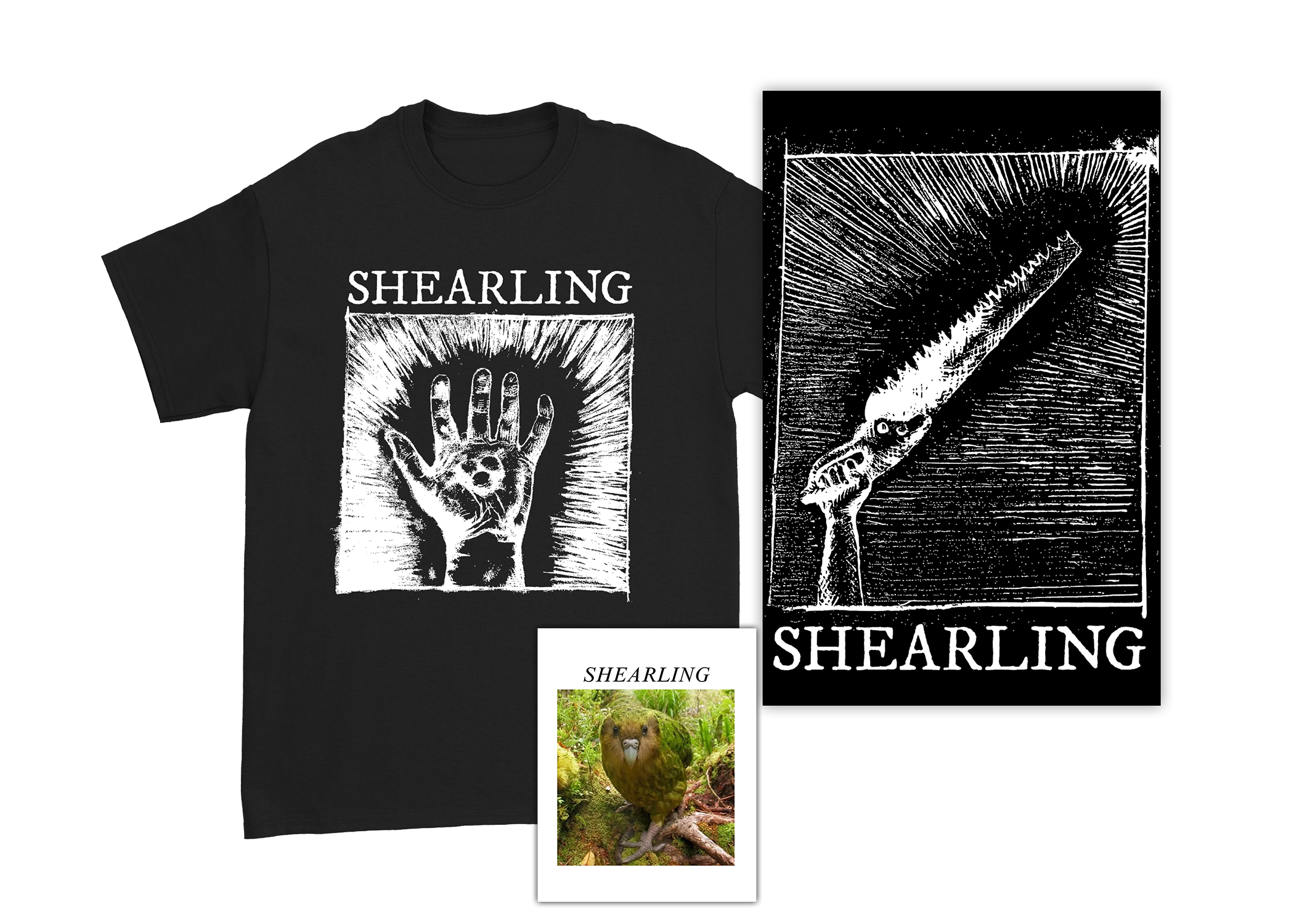 Shearling - Bundle - "Three Pebbles" Tee + “Terrible Holy Saw” Poster + "Kakapo" Sticker