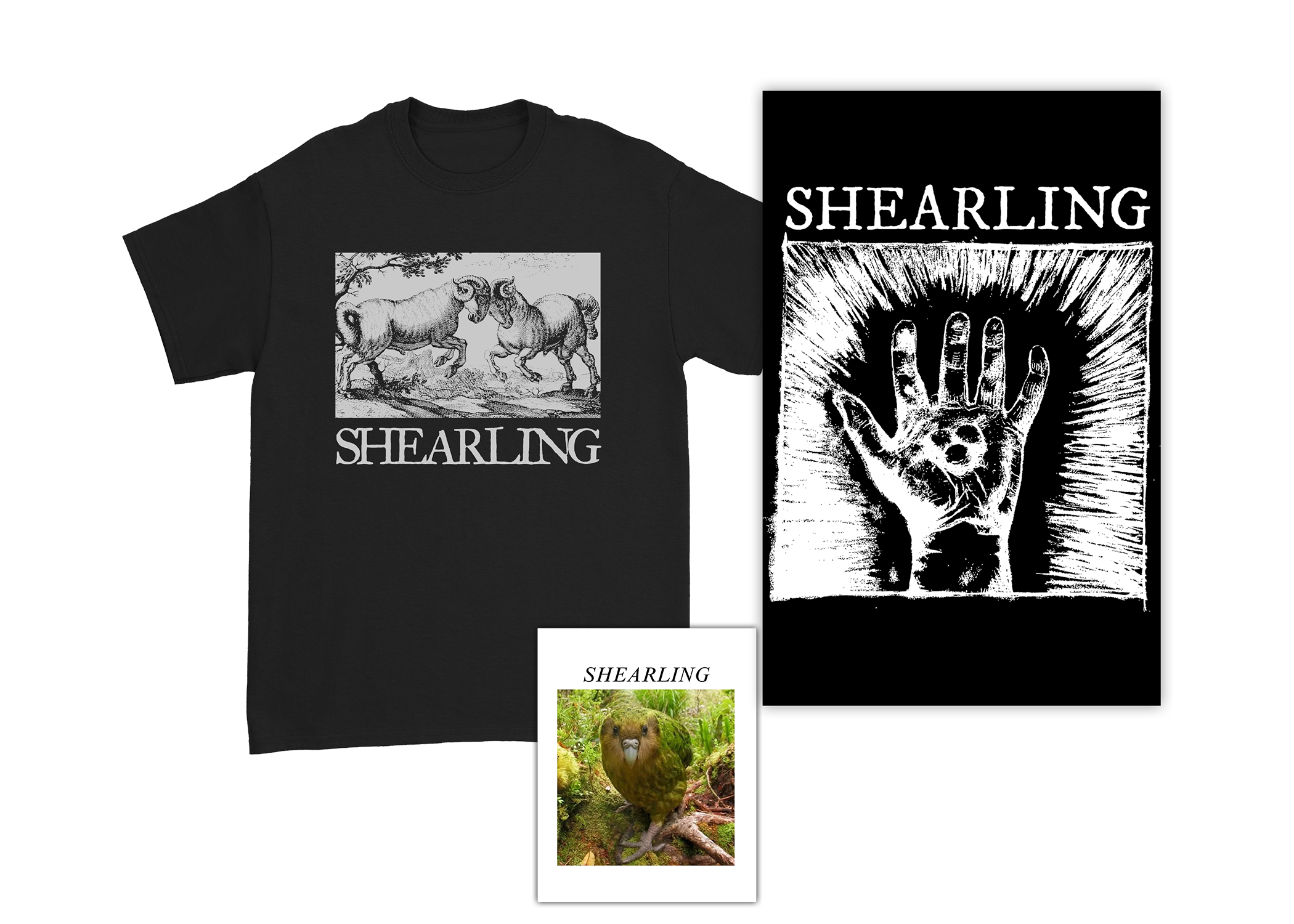 Shearling - Bundle - "Rams" Tee + “Three Pebbles” Poster + "Kakapo" Sticker
