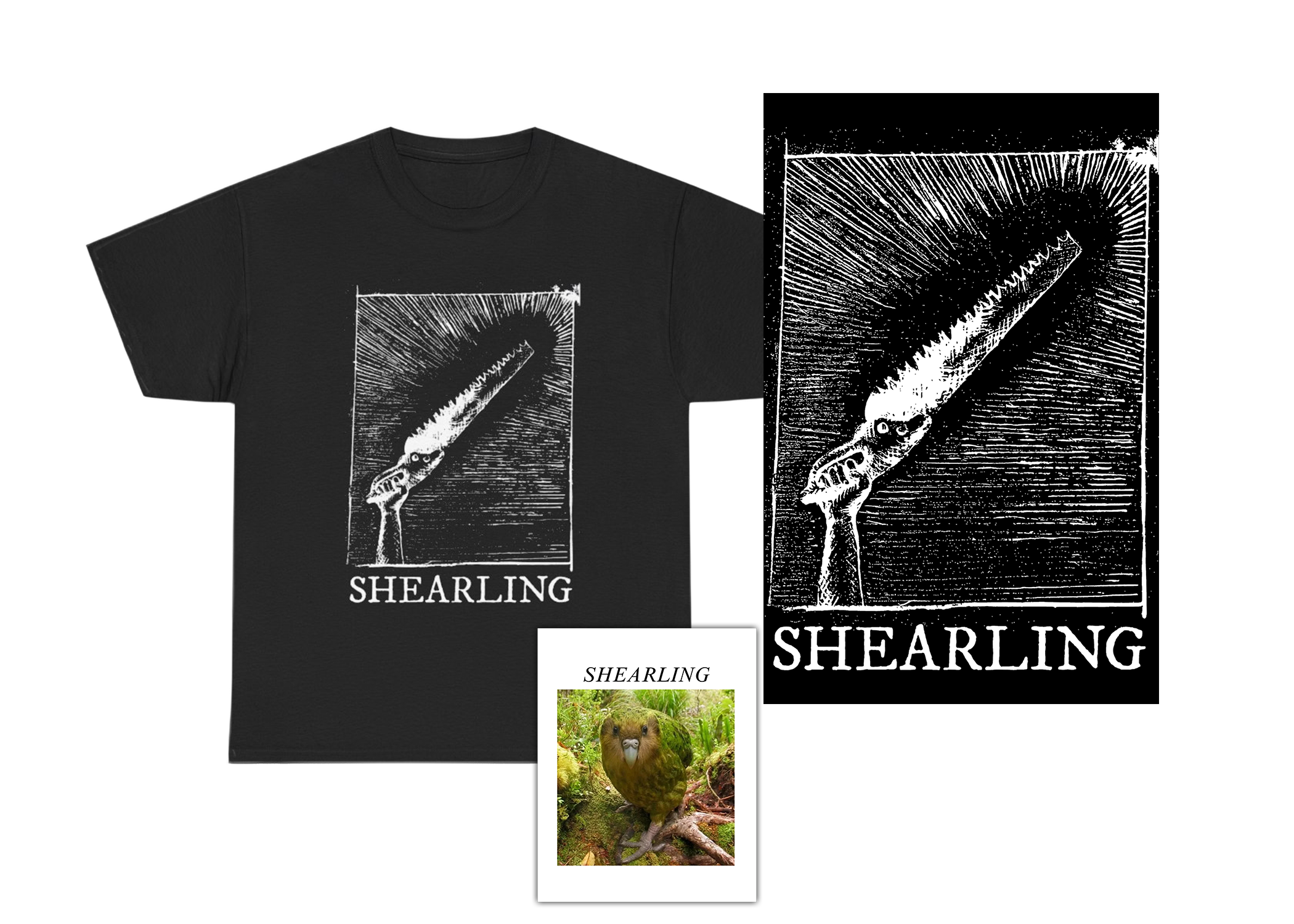 Shearling - "Terrible Holy Saw" Tee + Poster Bundle + "Kakapo" Sticker