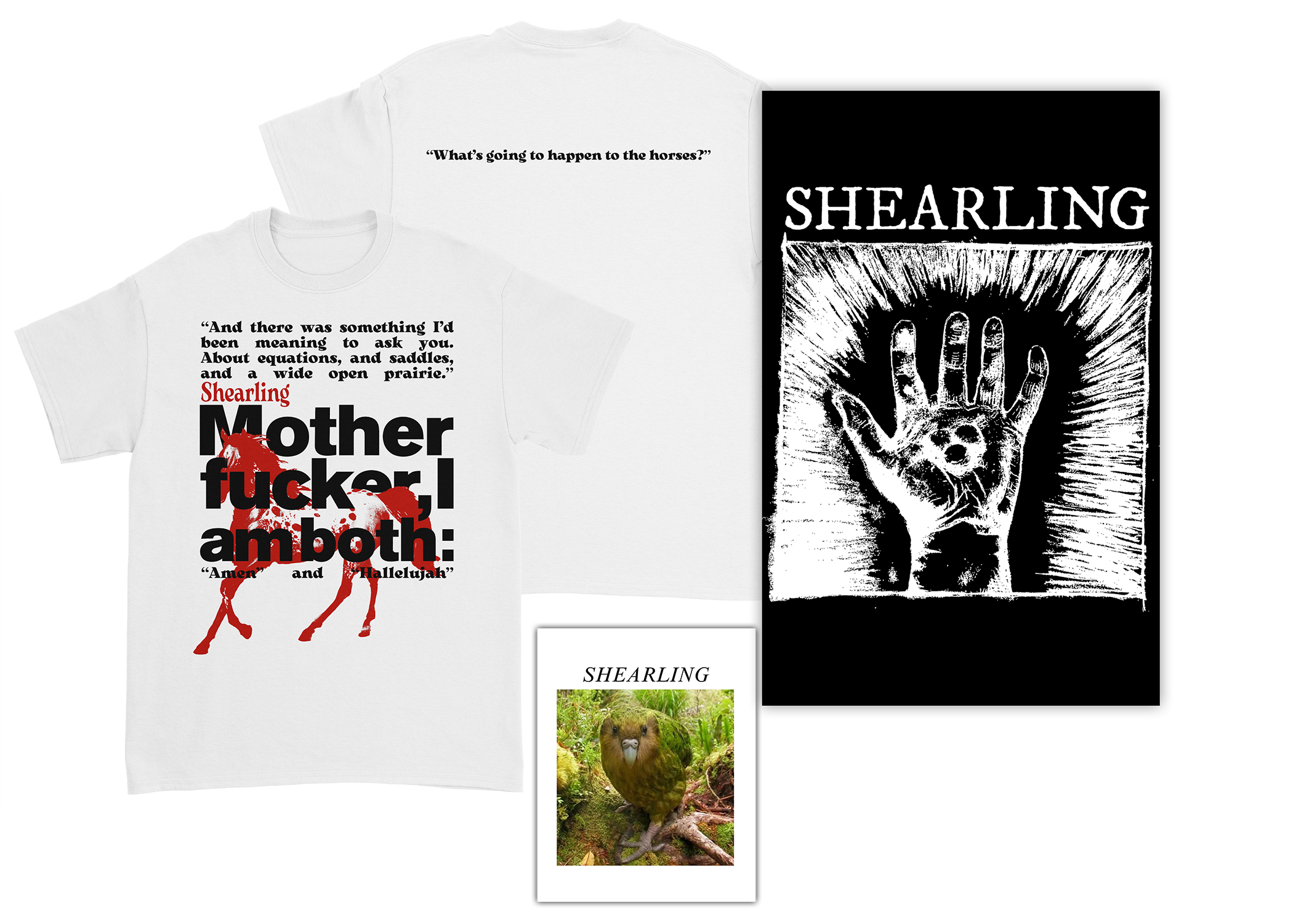 Shearling - Bundle - "What's going to happen to the horses?" Tee + "Three Pebbles" Poster + "Kakapo" Sticker